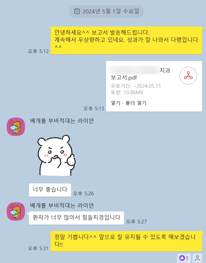 카카오톡 대화창에 '보고서.pdf' 파일과 '환자가 너무 많아서 힘들지경입니다' 메시지
