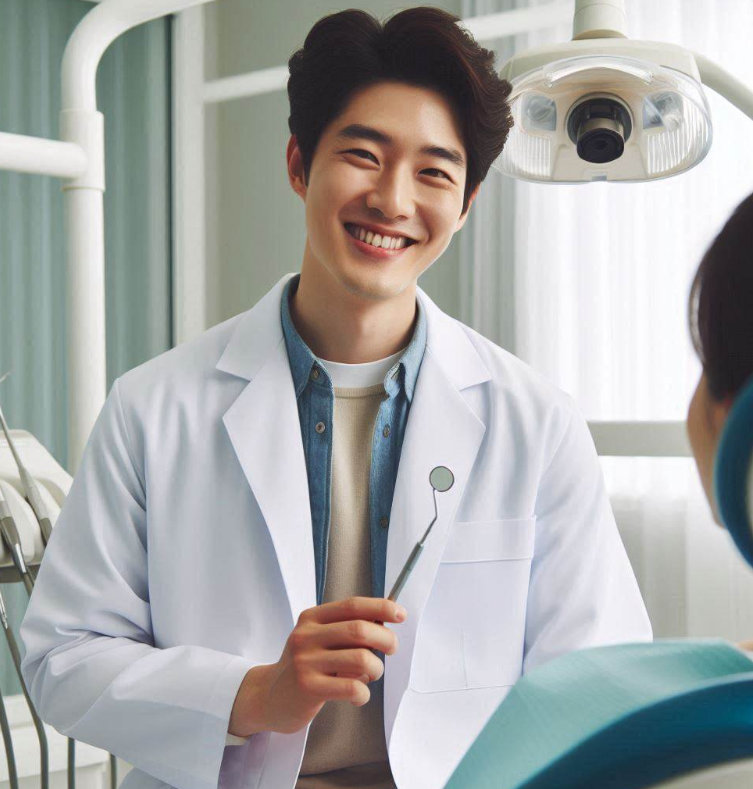 치과 진료실에서 환자를 바라보며 웃고 있는 젊은 남자 치과의사