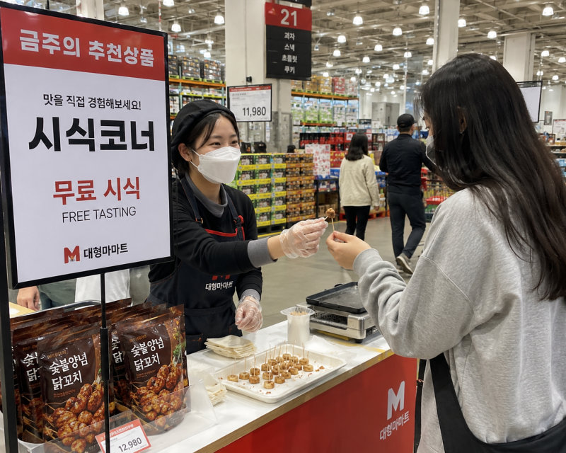 대형마트 시식코너에서 직원이 고객에게 시식용 음식을 건네는 모습