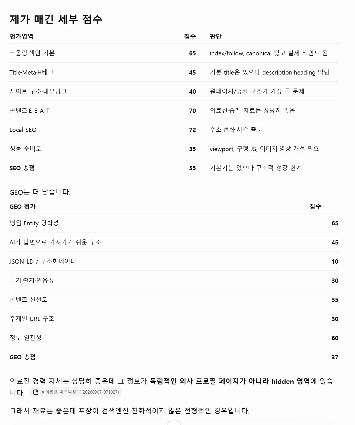 치과 홈페이지 SEO·GEO 진단 점수표 — 항목별 점수와 판단
